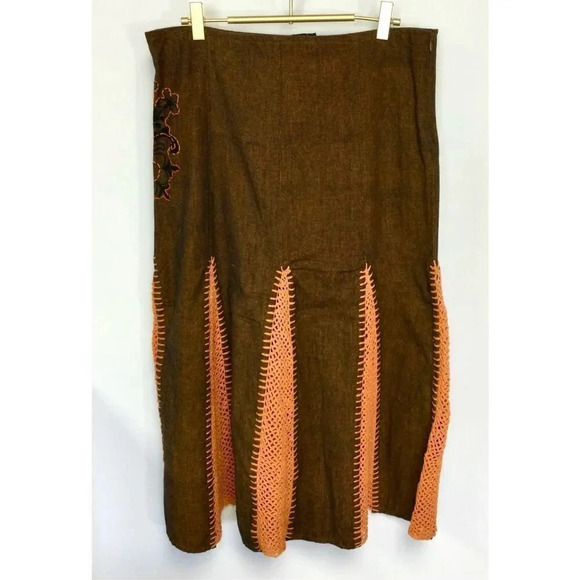 The Collection Royal Womens Large Skirt Brown Orange Crochet Inlays Cotton NWT - Picture 4 of 13